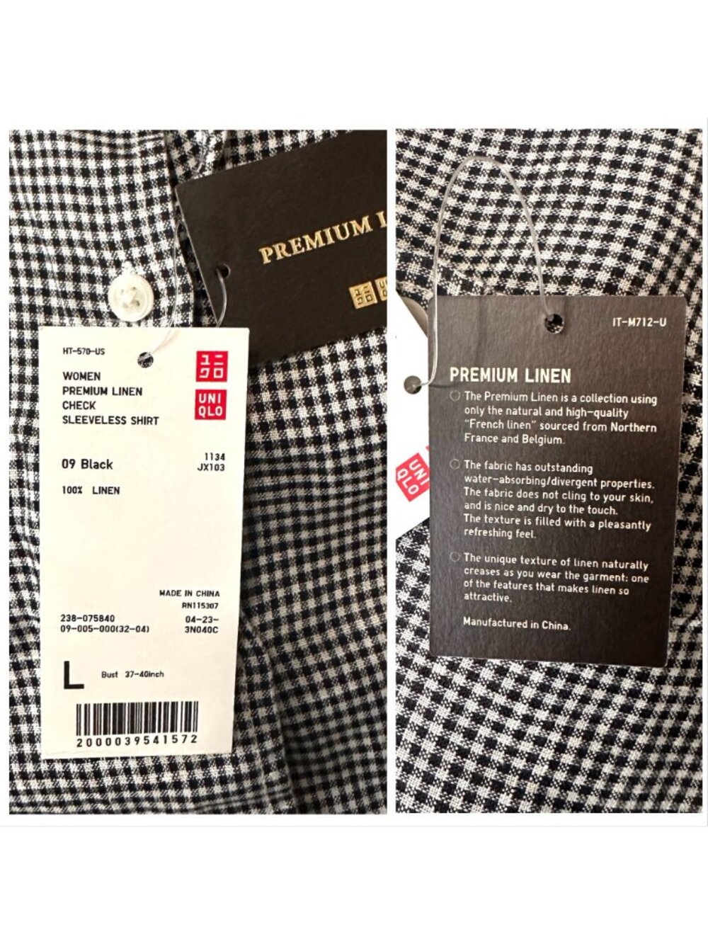 Uniqlo Premium Linen Sleeveless Shirt,  L, NWT, Black/White Gingham Check - Picture 4 of 10